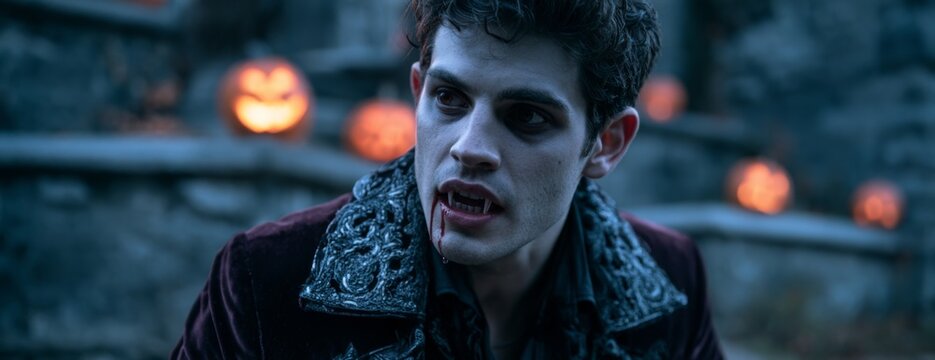 Young man with vampire makeup in a spooky Halloween setting  