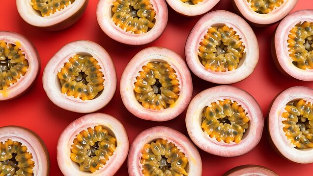 A collection of halved passion fruits are densely arranged on a rich red background, revealing their textured seeds.
