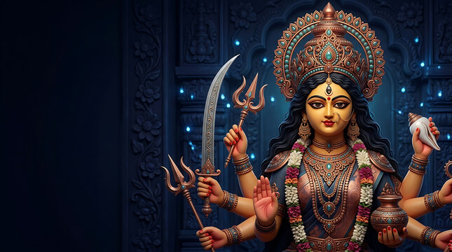 Durga puja goddess with multiple arms sacred weapons ornate bronze crown floral garland and dark temple background with copy space for Navratri celebration