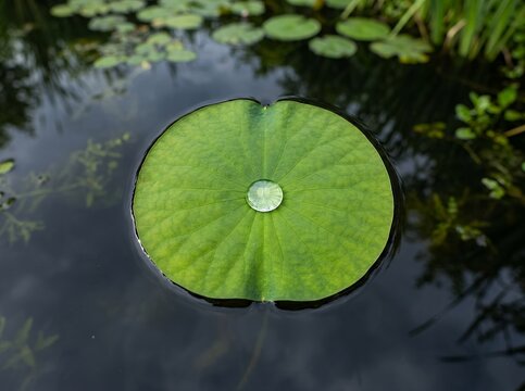 Single Water Droplet on a Vibrant Green Lily Pad Floating on Calm Water.