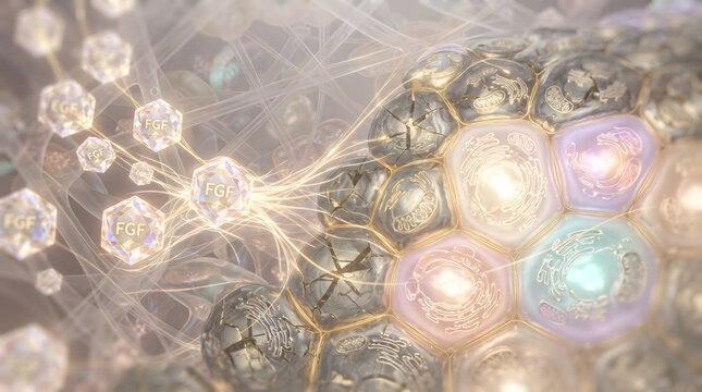 3D medical illustration of FGF fibroblast growth factor molecules repairing damaged skin cells