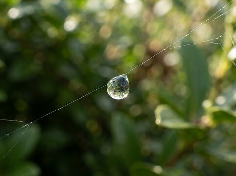 Single Water Droplet on Spiderweb with Green Bokeh Background.