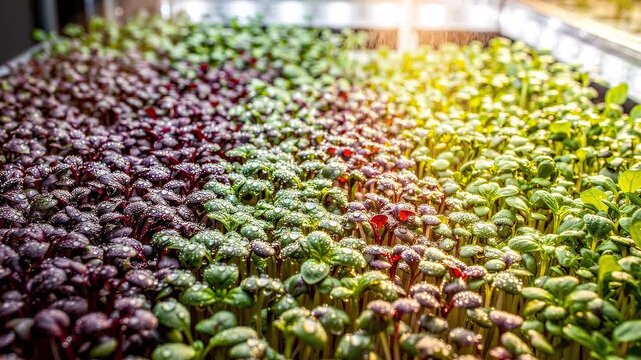 A dense tray of colorful microgreens glistens with fine water droplets beneath broad lights, with a warm sunbeam crossing the fresh leaves. Urban farming and nutritious crop production concept