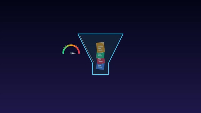 Zip file compression animation with funnel and speed gauge on blue