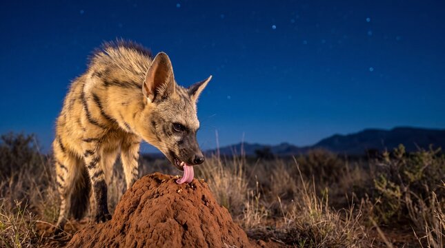 Aardwolf Lapping Up Harvester Termites with Specialized Sticky Broad Tongue at Night in Karoo