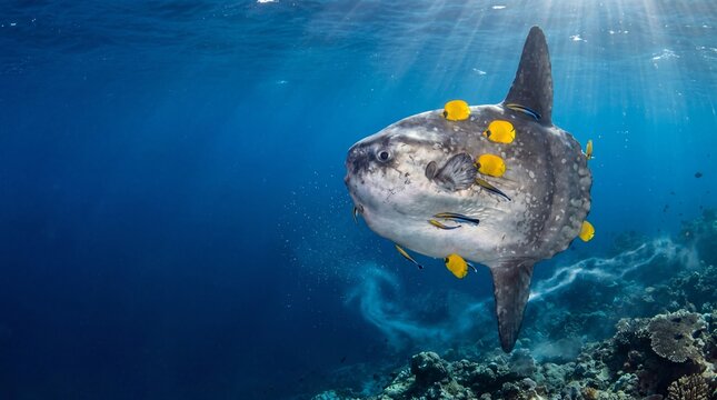 Ocean Sunfish Mola Mola Hovering Vertically in Cold Upwelling Current During Cleaning Ritual in