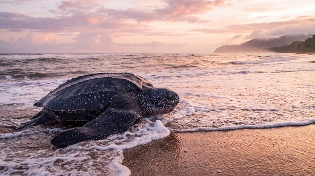 Leatherback Sea Turtle Returning To Ocean at Dawn After Laying Eggs in Coastal Sand