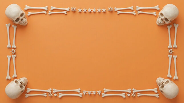 Human skulls and crossed bones border frame on bright orange background