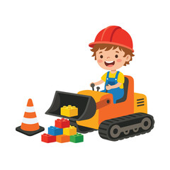 A happy boy wearing a red hard hat plays with a toy excavator shovel lifting colorful building blocks next to a traffic cone. © Widya