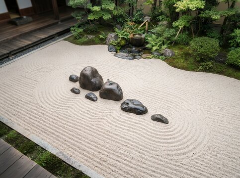 Zen Garden with Raked Sand and Rocks.