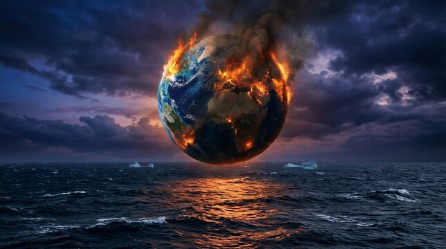 Burning Earth hovers above churning seas. Dark clouds swirl behind its fiery surface. Reflections glow on turbulent waters below. The planet screams of climate collapse and disaster
