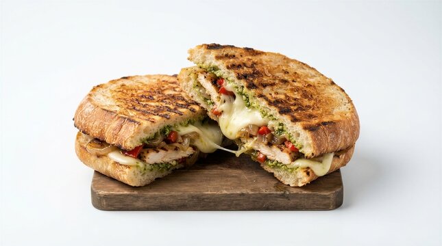 Golden toast, melted cheese, and herbs peek from a half-cut sandwich. Crusty bread, warm tones, and savory filling invite appetite. Wooden board rests beneath, simple against stark white background