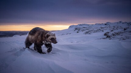 Obraz premium Wolverine Traversing Windswept Frozen Ridge with Thick Frost-caked Winter Mantle in Lapland Subarctic Fell