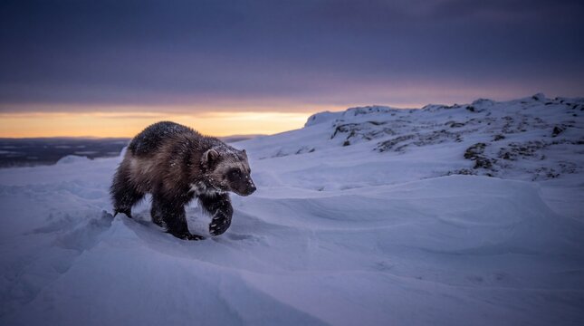 Wolverine Traversing Windswept Frozen Ridge with Thick Frost-caked Winter Mantle in Lapland Subarctic Fell
