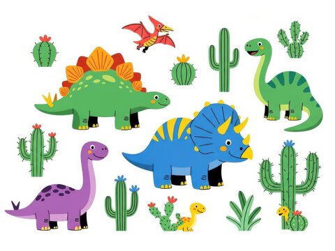 Vibrant dinosaur and cactus illustration
