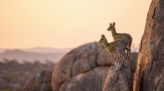 Klipspringer Scanning Surrounding Granite Hills From Narrow Boulder Perch in Matobo Hills Granite Kopje