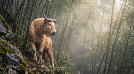 Fototapeta premium Takin Navigating Rugged Alpine Bamboo Slopes in Search of Mineral Licks in Qinling Mountains