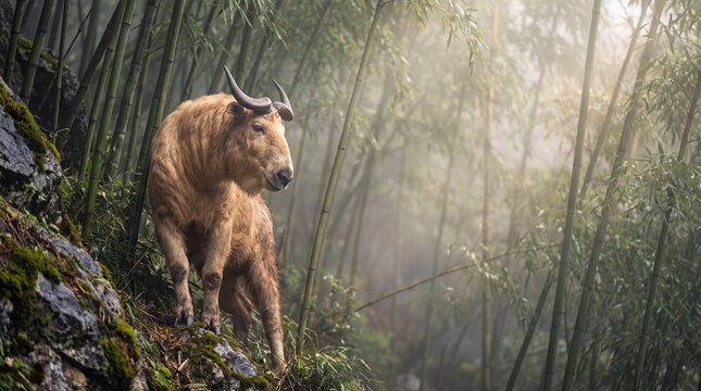 Takin Navigating Rugged Alpine Bamboo Slopes in Search of Mineral Licks in Qinling Mountains