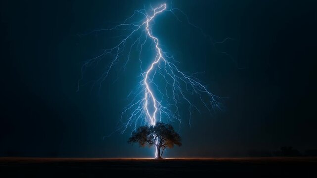 A massive bolt of lightning strikes a lone tree in a dark field during a powerful thunderstorm.