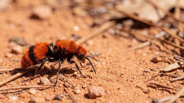 Velvet Ant Cow Killer Scurrying Across Red Sandy Soil with Dense Vibrant Scarlet-and-black Velvety