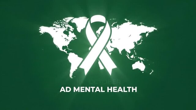 Mental health awareness green ribbon icon animation over world map