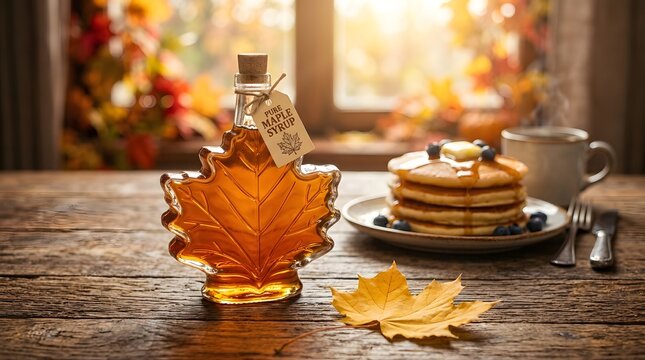 Pure maple syrup in a leafshaped bottle next to a stack of pancakes with blueberries on a rustic wooden table