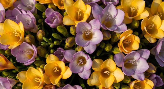 Beautiful purple and yellow crocus flowers blooming in a garden during a bright sunny spring day