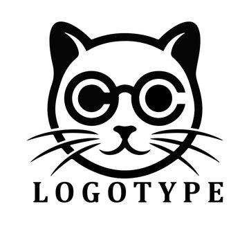 Minimalist Cat Wearing Glasses Logo Design Vector Illustration