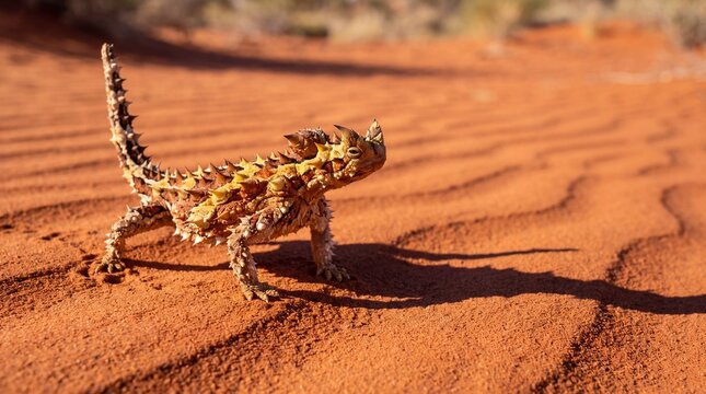 Thorny Devil Moloch Standing in Frozen Spiky Defensive Posture on Bright Red Wind-sculpted Sand