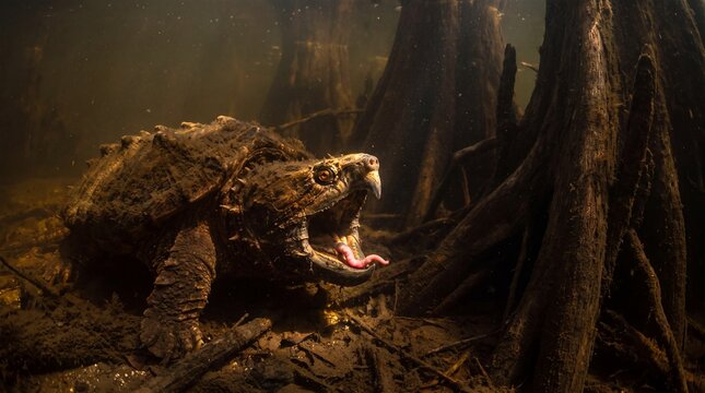 Alligator Snapping Turtle Lying on River Bottom with Massive Hooked Beak Open Wiggling Pink