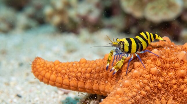 Bumblebee Shrimp Grazing on Sea Cucumber Skin Showing Bold Yellow-and-black Striped Body and Paddle