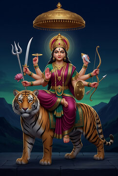 Durga goddess seated on majestic tiger with traditional divine symbols and ornate jewelry celebrating durga puja and navratri festival spiritual devotion illustration