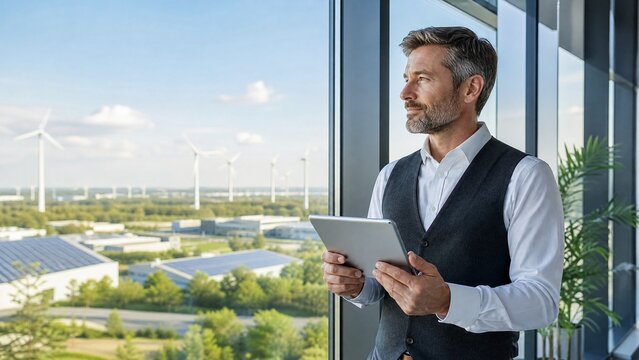 Confident businessman with digital tablet overlooking wind farm, professional executive in modern office, sustainable energy project manager