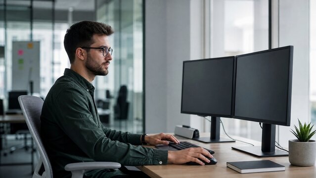 Professional software developer working at dual monitor workstation. Focused male programmer in modern office. Corporate employee at desk.