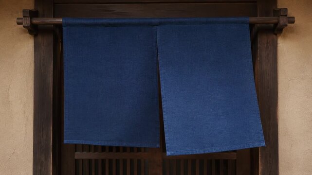 Traditional Japanese Noren Curtain Blowing in Wind