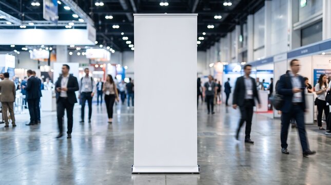 Empty white pull up banner stand positioned in a busy exhibition hall with blurred corporate attendees walking by for business marketing and event branding mockups