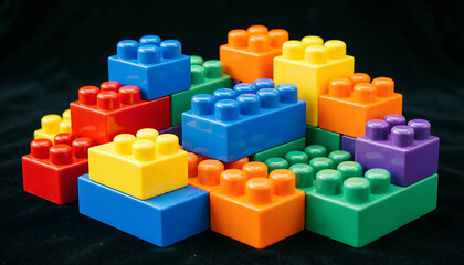 Fototapeta premium Colored blocks of a children's designer close-up. Black background. stock