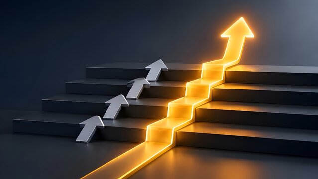 Glowing golden arrow moving up dark stairs ahead of silver arrows, representing business growth, leadership, and competitive advantage