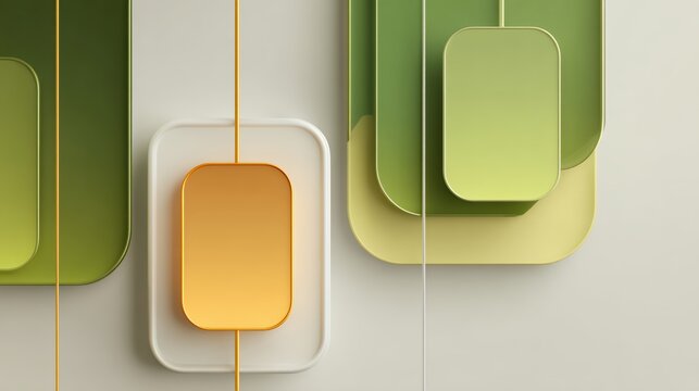 Abstract 3D hanging rounded geometric panels in green and yellow with gold lines. Elegant modern interior decor background design.