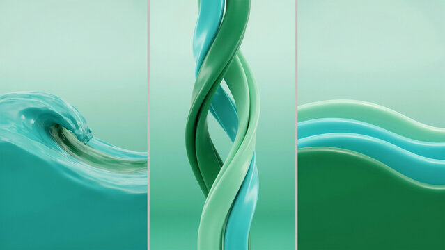 Abstract green liquid swirls and fluid waves in a three part vertical composition layout