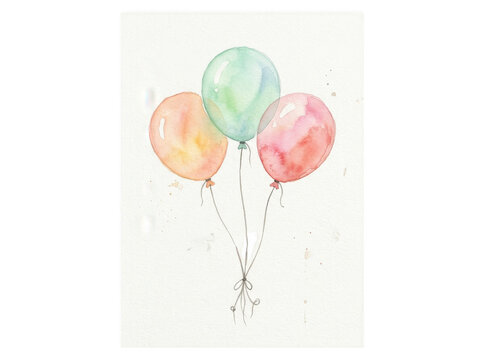 Watercolor illustration of three colorful balloons tied with string isolated on transparent background
