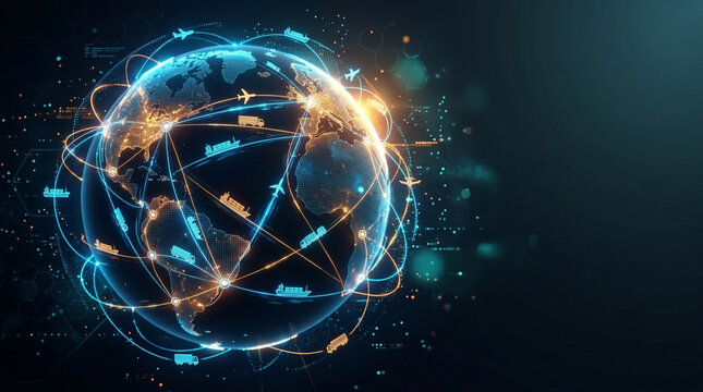 Global logistics network visualization with digital Earth globe showing interconnected routes for air freight, maritime shipping, and land transport on a dark background.