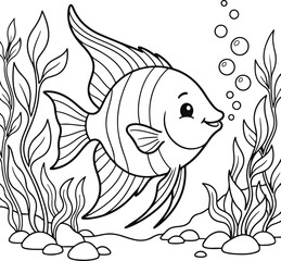 Fototapeta premium Cute angelfish swimming among seaweed and bubbles underwater coloring page