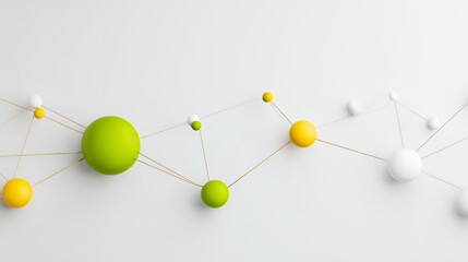 Obraz premium Abstract 3D molecular network structure with green and yellow spheres connected by gold lines. Science and technology concept backdrop.