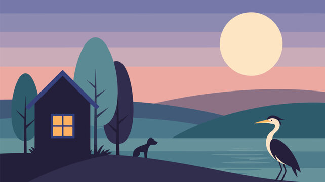 Tranquil lakeside scene at dusk features a small house, trees, dog, heron, and full moon