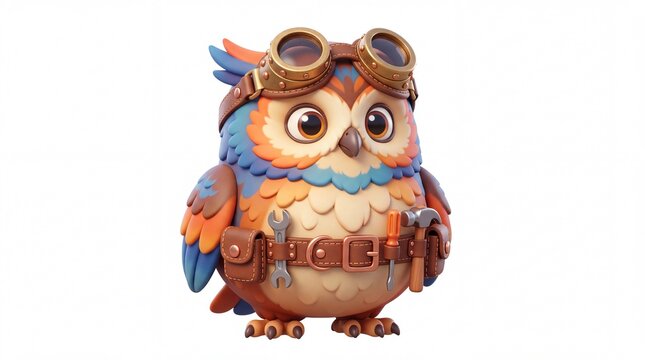 Cute steampunk owl mechanic character wearing goggles and a utility tool belt