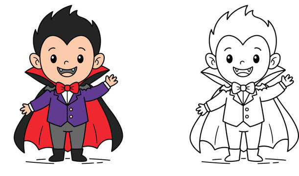 Cute cartoon vampire boy coloring page for kids, colored example and black and white outline vector illustration.