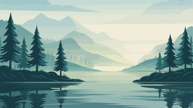 Tranquil mountain lake landscape with pine forests and misty distant peaks under a pale sky