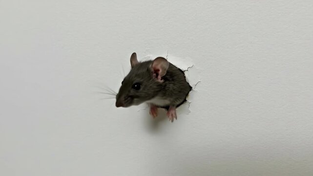 A curious little grey mouse peeking out of a torn hole in a white wall.