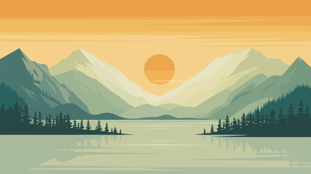 Tranquil mountain lake reflects a vibrant sunset sky and distant rugged peaks